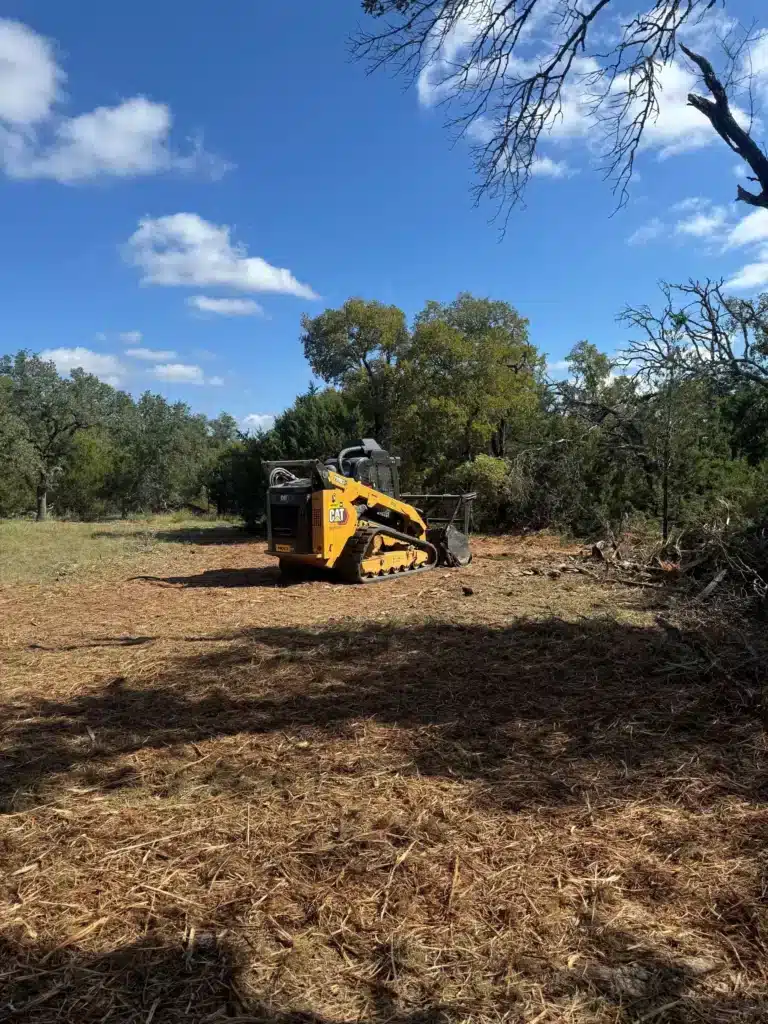 Bulldozer truck loader parked on cleared land and trees in background